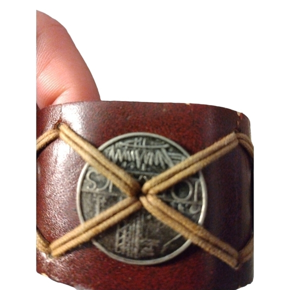 Brown Faux Leather Coin &Twine Accents Cuff Bracelet with Snap Closures - Picture 4 of 8